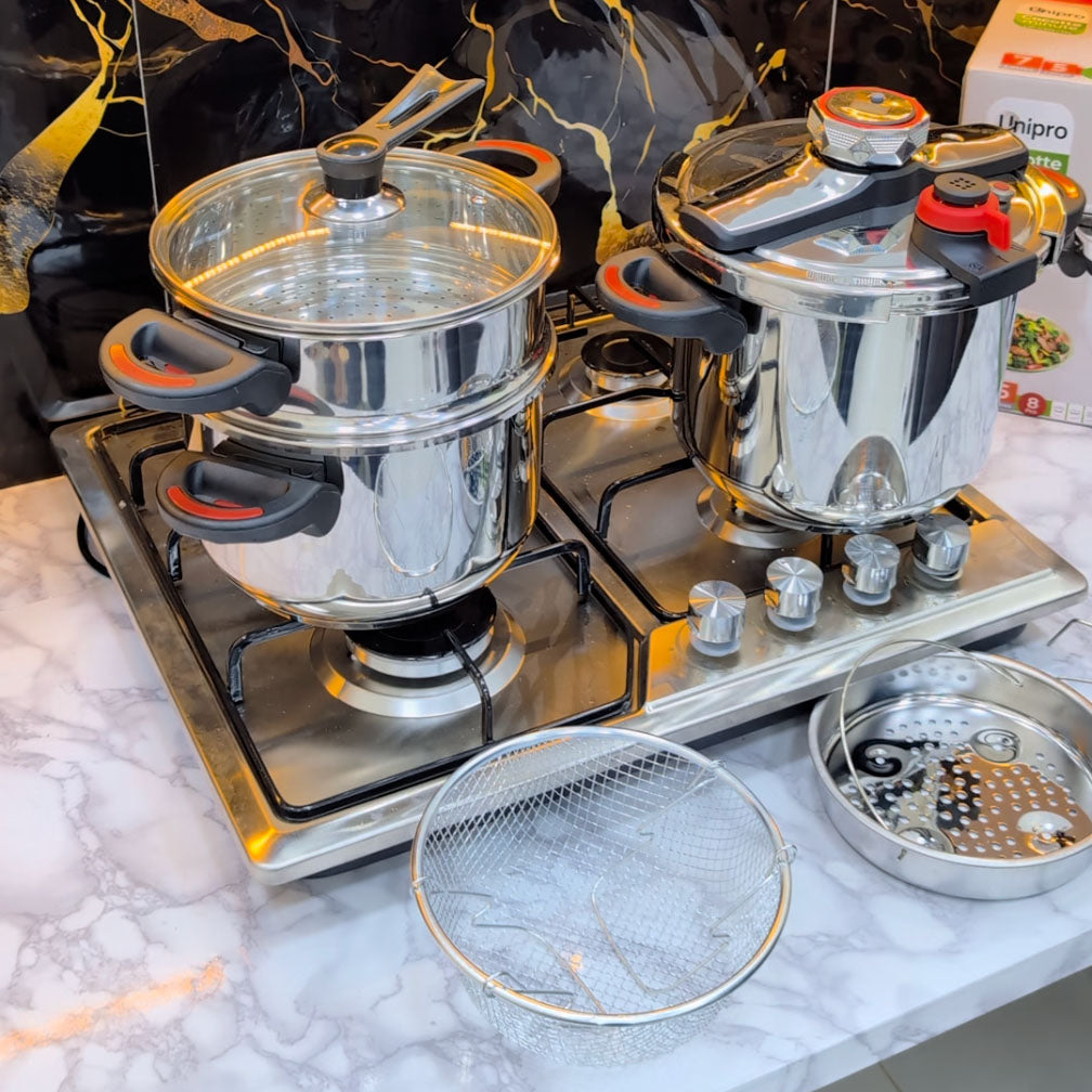 (T) SERIE COCOTTE MINUTE UNIPRO 8 PCS 18/10 INOX 100% ALIMENTAIRE جودة فخمة و أداء قوي لمطبخك 🔥